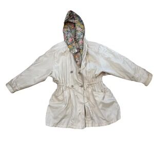 VTG Cyclone Rain Trench Coat Beige Floral Lined Jacket Pockets Mid Length Size M